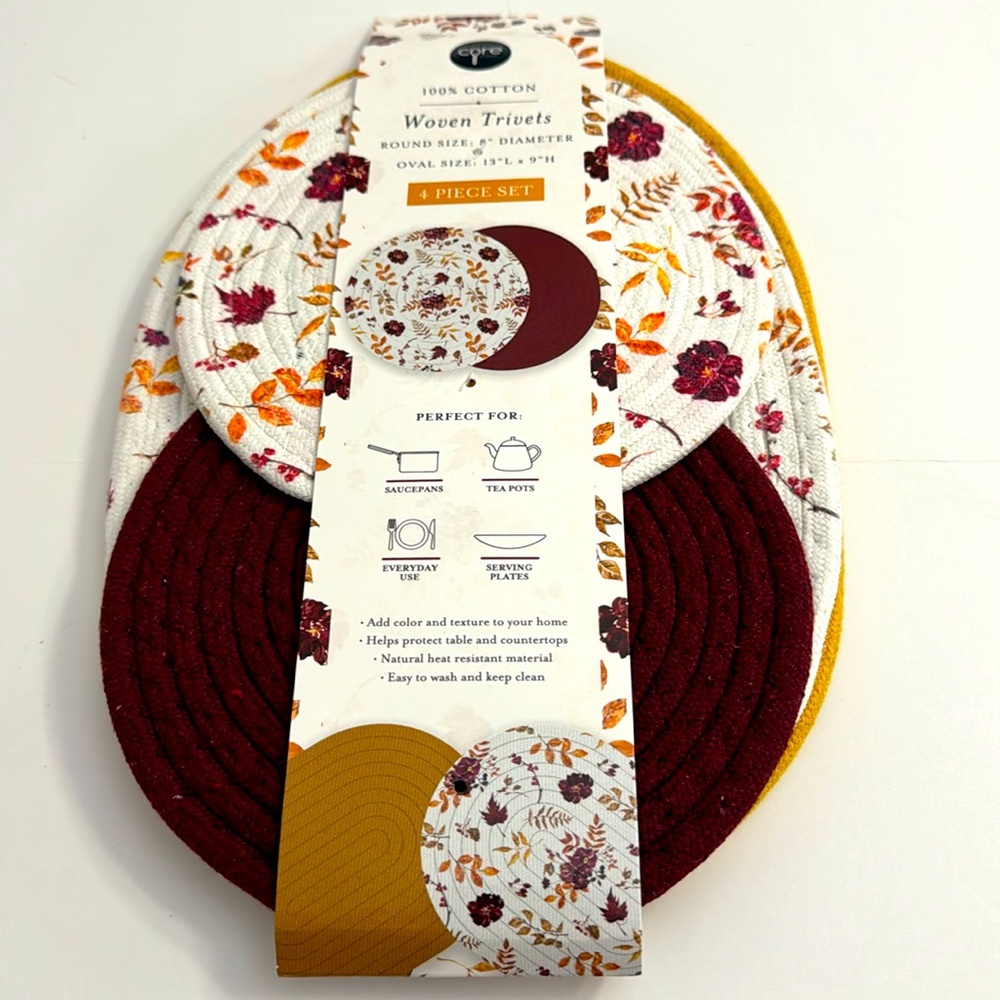 4pc CORE Round/Oval Woven Trivets Set - 100% Cotton - Fall Flower